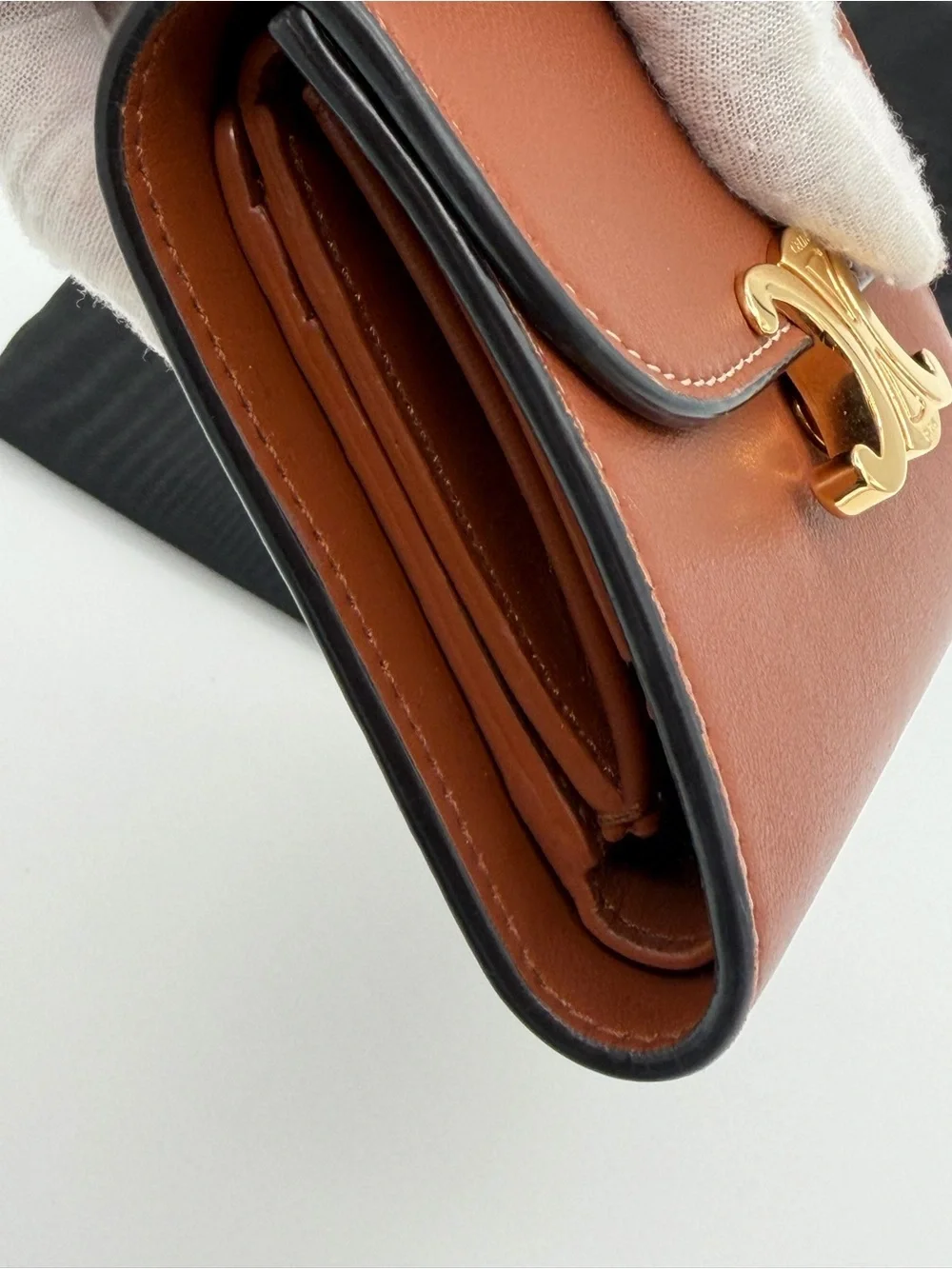 Celine Brown Leather Triomphe Compact Wallet with Gold Hardware